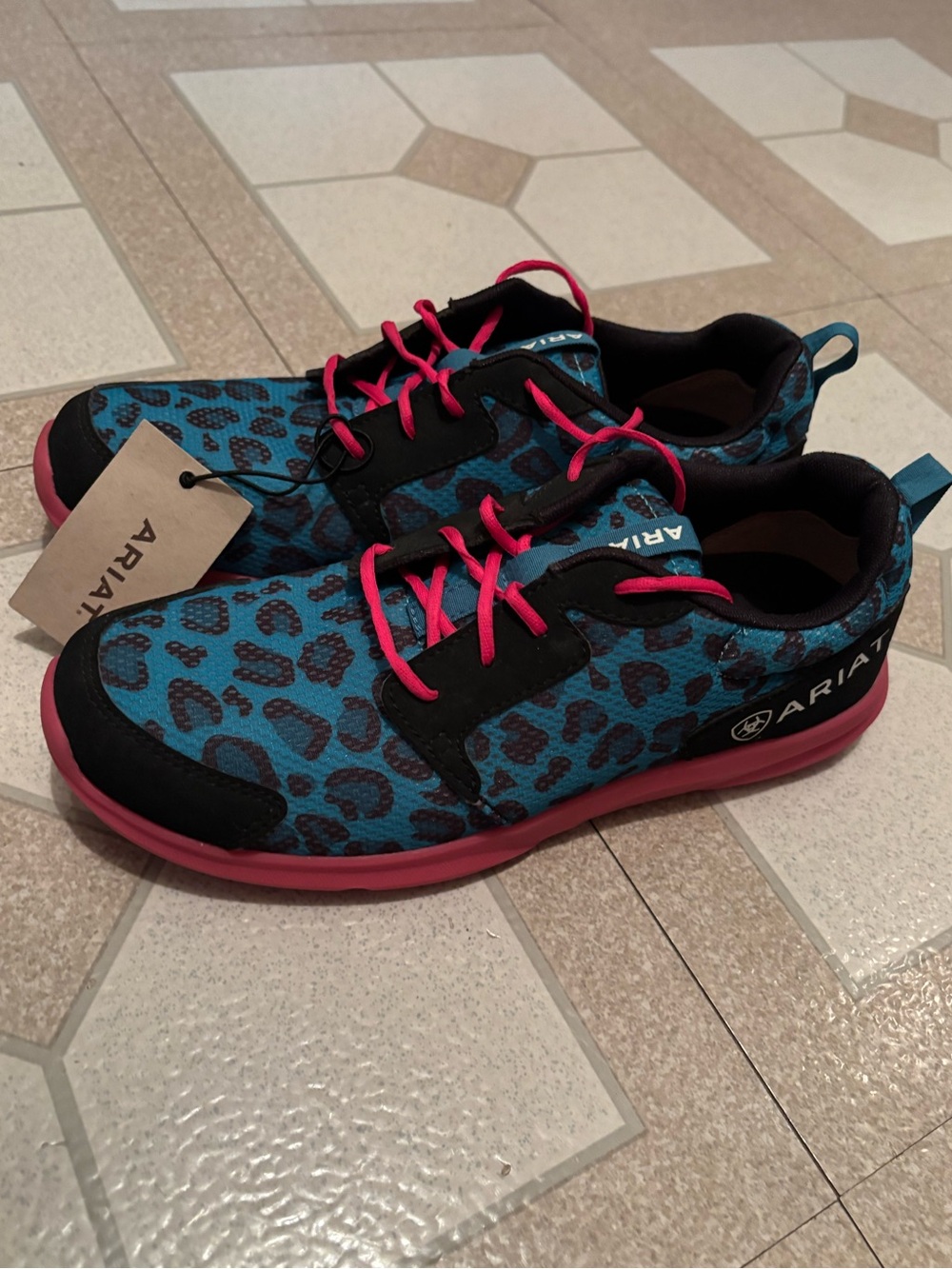 NEW Ariat Teal Leopard Print Young Girls Athletic Shoes with Pink Accents